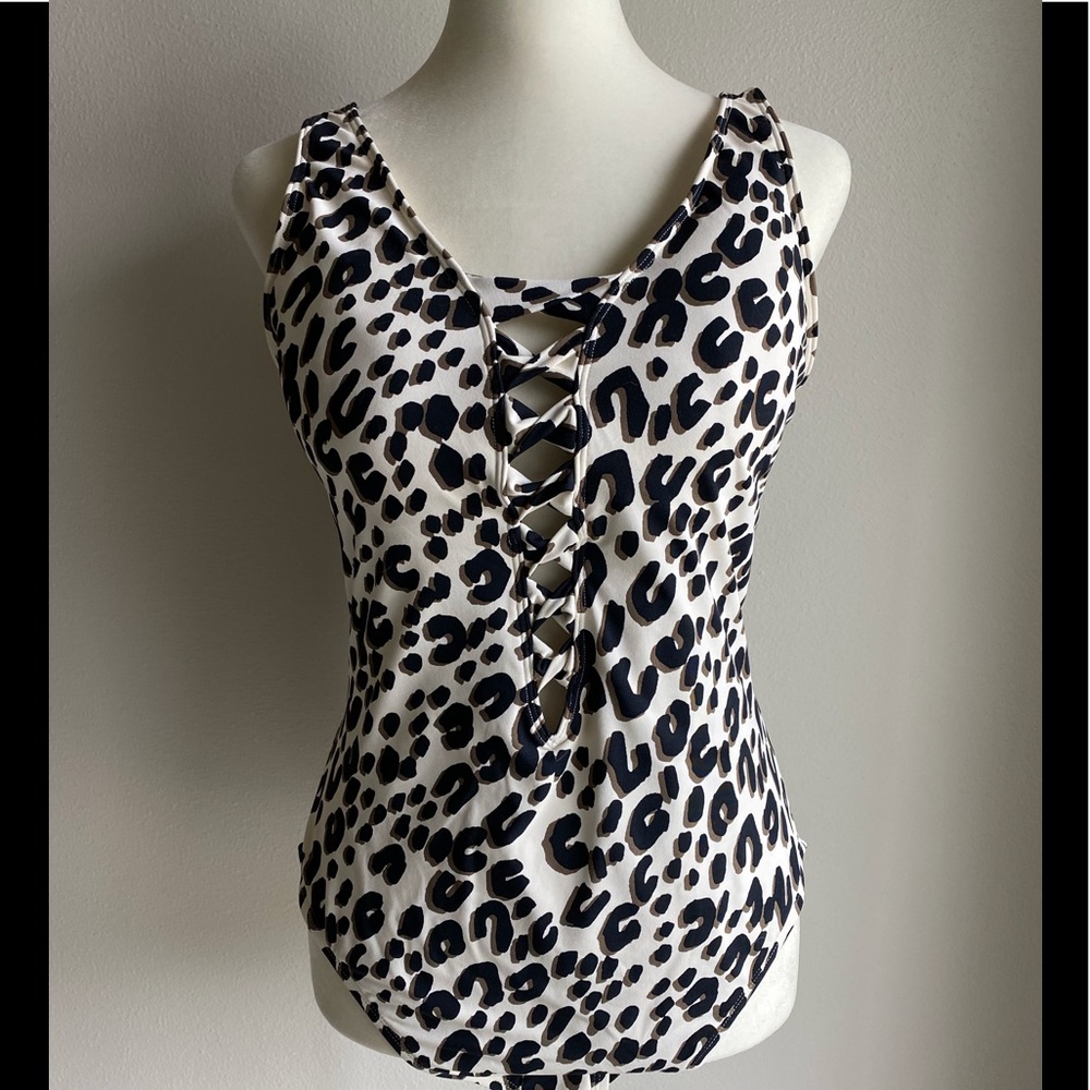 Bleu Rod Beattie One Piece Low Neck Lace Down Swimsuit Animal Print Size 12